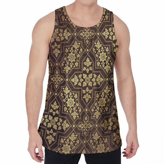 Gold And Brown Thai Pattern Print Men's Velvet Tank Top