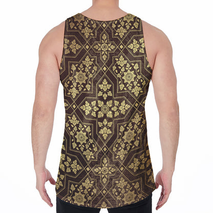 Gold And Brown Thai Pattern Print Men's Velvet Tank Top