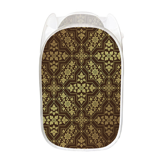 Gold And Brown Thai Pattern Print Mesh Laundry Hamper