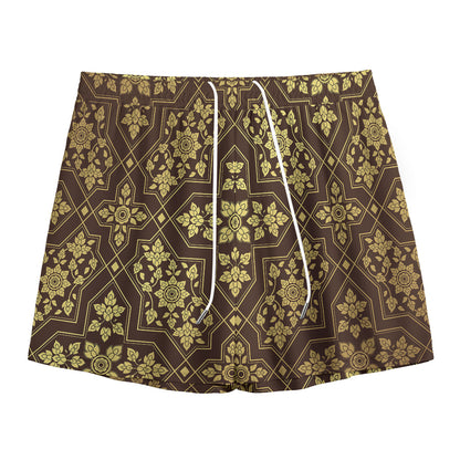 Gold And Brown Thai Pattern Print Mesh Shorts
