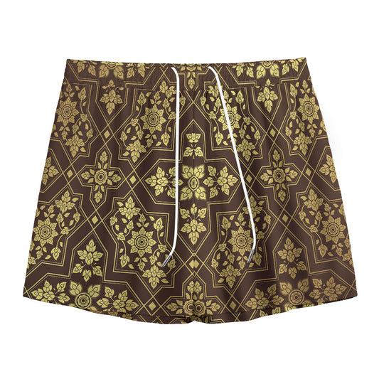 Gold And Brown Thai Pattern Print Mesh Shorts