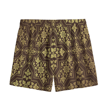 Gold And Brown Thai Pattern Print Mesh Shorts