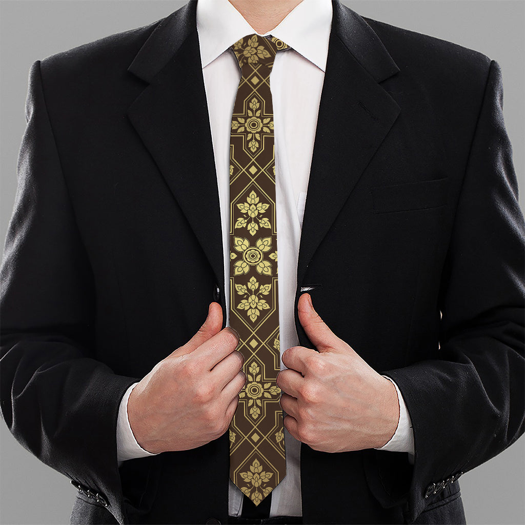 Gold And Brown Thai Pattern Print Necktie