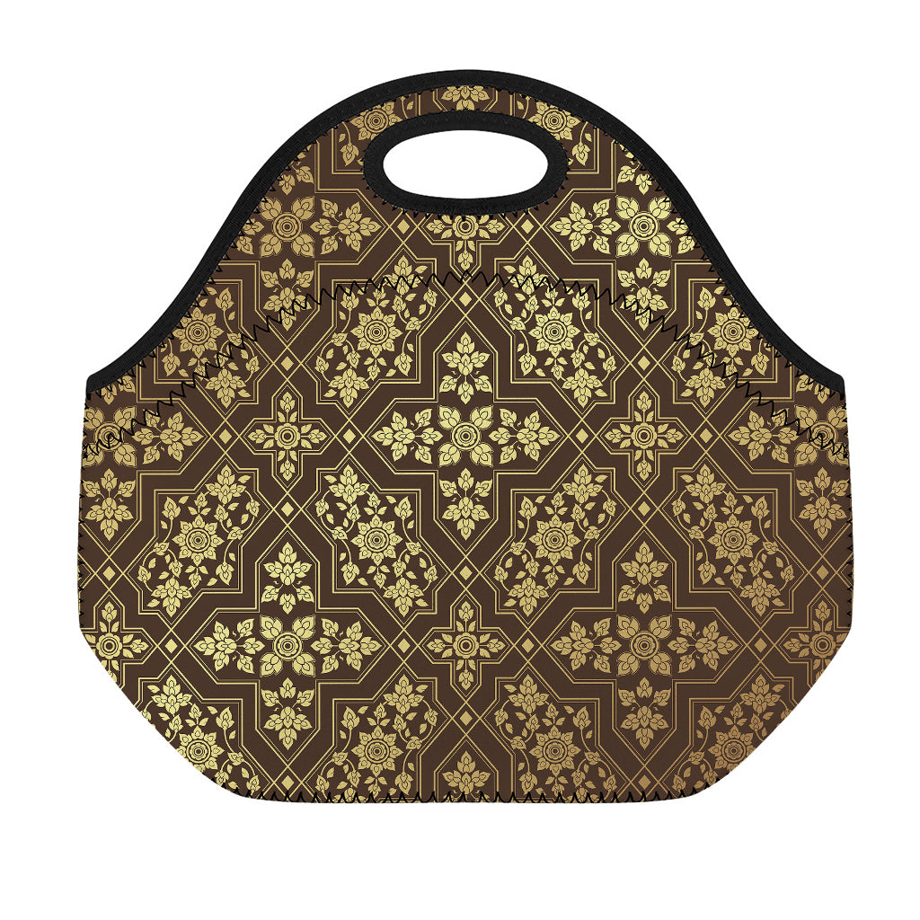 Gold And Brown Thai Pattern Print Neoprene Lunch Bag