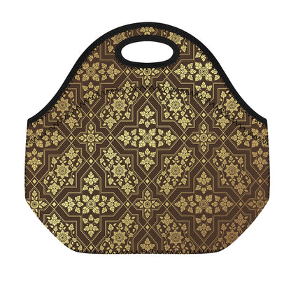 Gold And Brown Thai Pattern Print Neoprene Lunch Bag