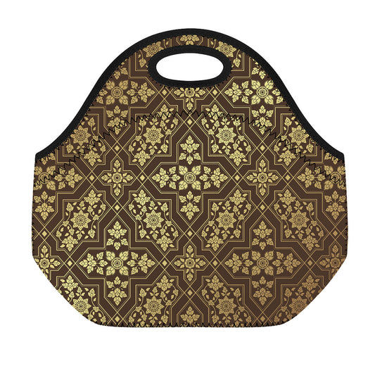 Gold And Brown Thai Pattern Print Neoprene Lunch Bag