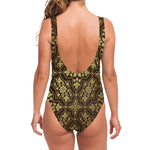 Gold And Brown Thai Pattern Print One Piece Swimsuit