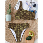 Gold And Brown Thai Pattern Print One Shoulder Bikini Top