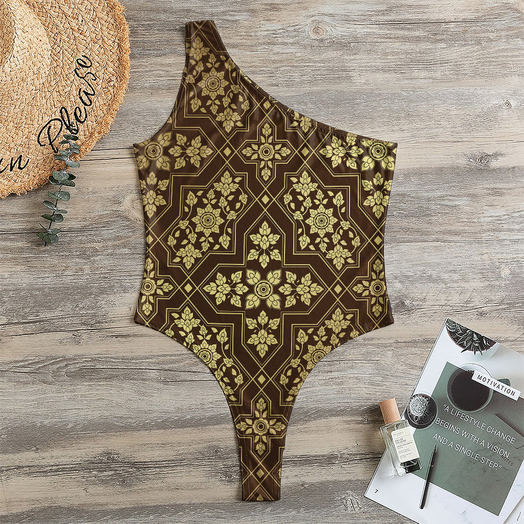 Gold And Brown Thai Pattern Print One Shoulder Bodysuit