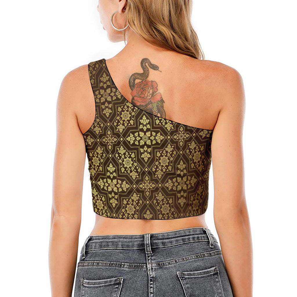 Gold And Brown Thai Pattern Print One Shoulder Crop Top