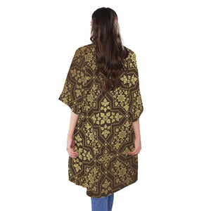 Gold And Brown Thai Pattern Print Open Front Beach Cover Up