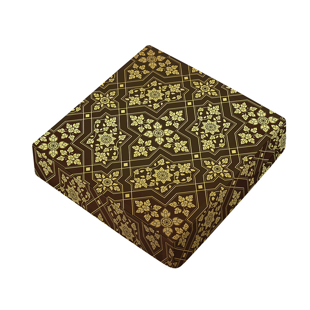 Gold And Brown Thai Pattern Print Outdoor Seat Cushion Cover