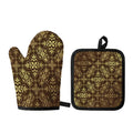 Gold And Brown Thai Pattern Print Oven Mitt And Pot Holder Set