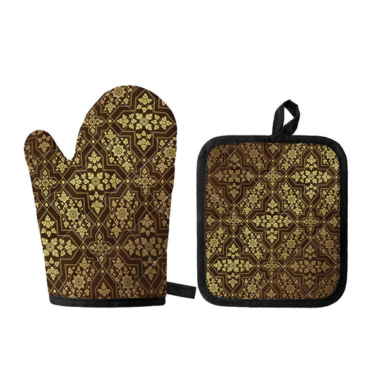Gold And Brown Thai Pattern Print Oven Mitt And Pot Holder Set