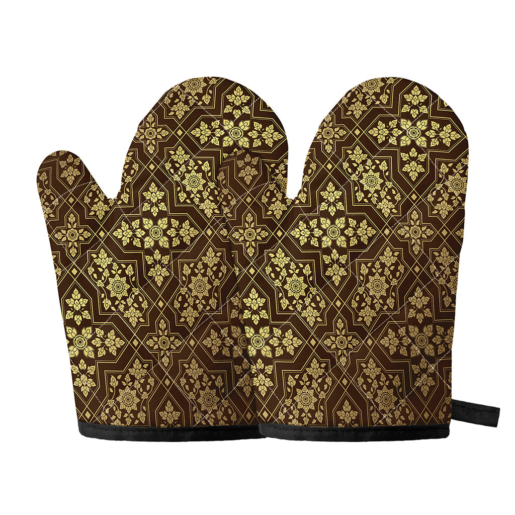 Gold And Brown Thai Pattern Print Oven Mitts