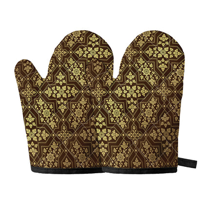 Gold And Brown Thai Pattern Print Oven Mitts