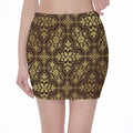 Gold And Brown Thai Pattern Print Pencil Mini Skirt
