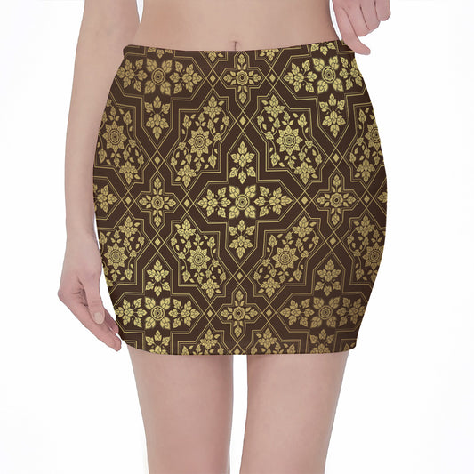 Gold And Brown Thai Pattern Print Pencil Mini Skirt