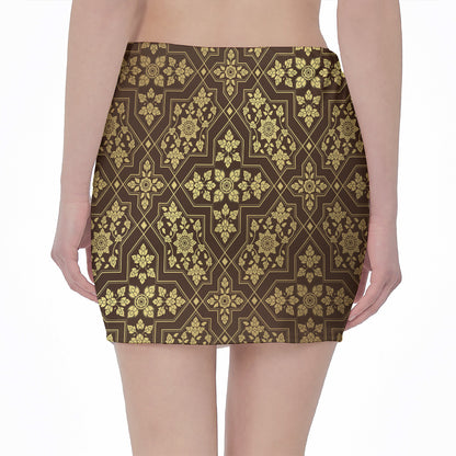 Gold And Brown Thai Pattern Print Pencil Mini Skirt