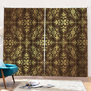 Gold And Brown Thai Pattern Print Pencil Pleat Curtains