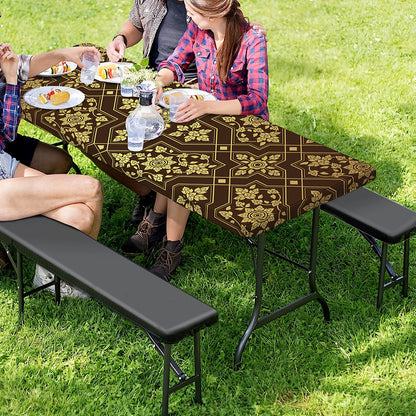 Gold And Brown Thai Pattern Print Picnic Table Cover
