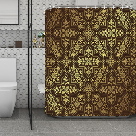 Gold And Brown Thai Pattern Print Polyester Shower Curtain