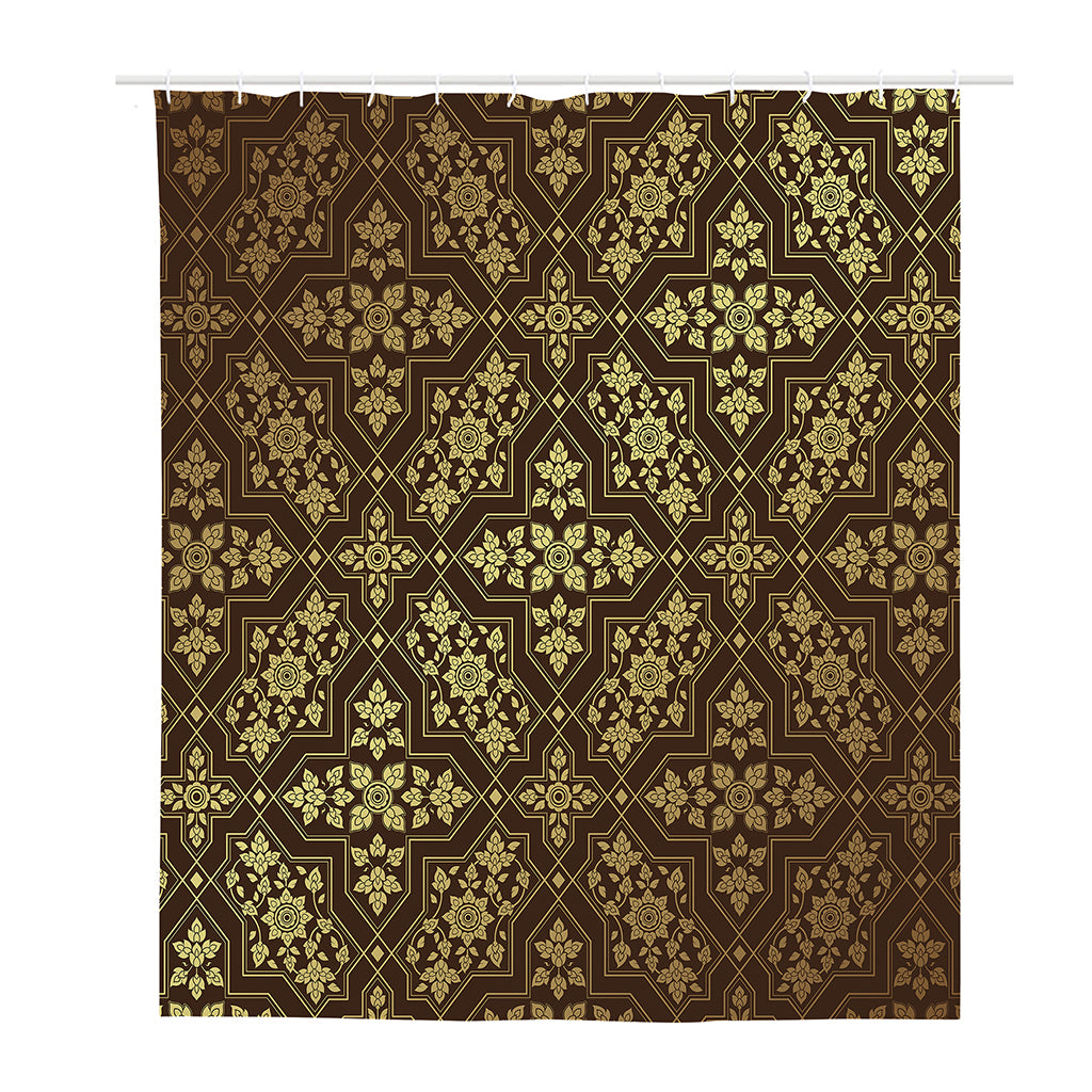 Gold And Brown Thai Pattern Print Polyester Shower Curtain