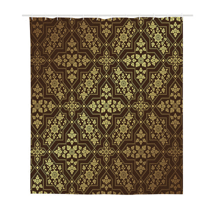 Gold And Brown Thai Pattern Print Polyester Shower Curtain