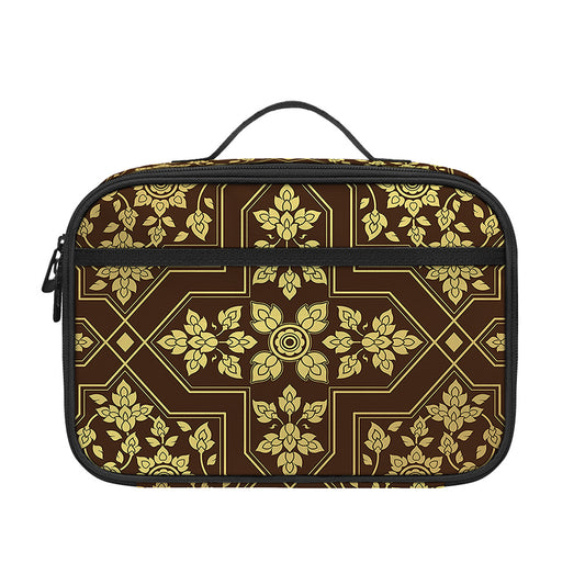 Gold And Brown Thai Pattern Print Portable Lunch Bag