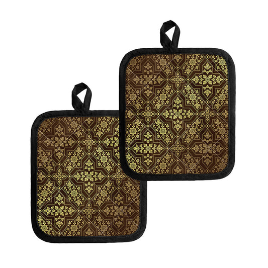 Gold And Brown Thai Pattern Print Pot Holders