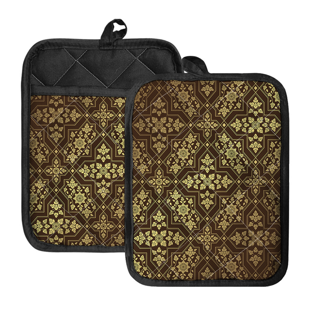 Gold And Brown Thai Pattern Print Pot Holders With Pocket
