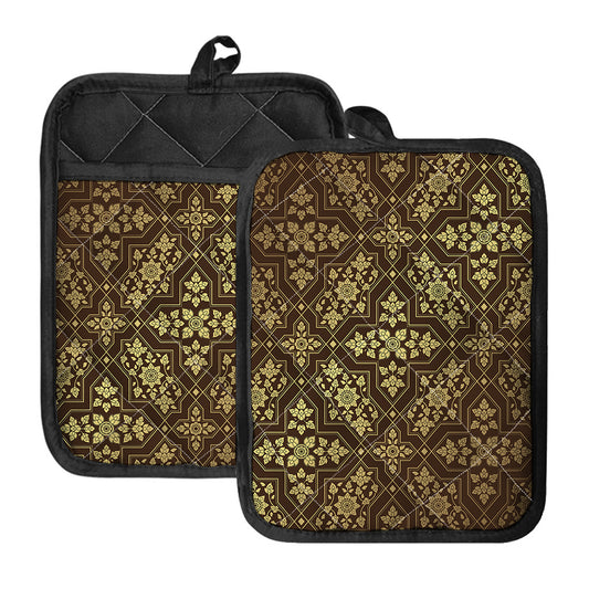Gold And Brown Thai Pattern Print Pot Holders With Pocket
