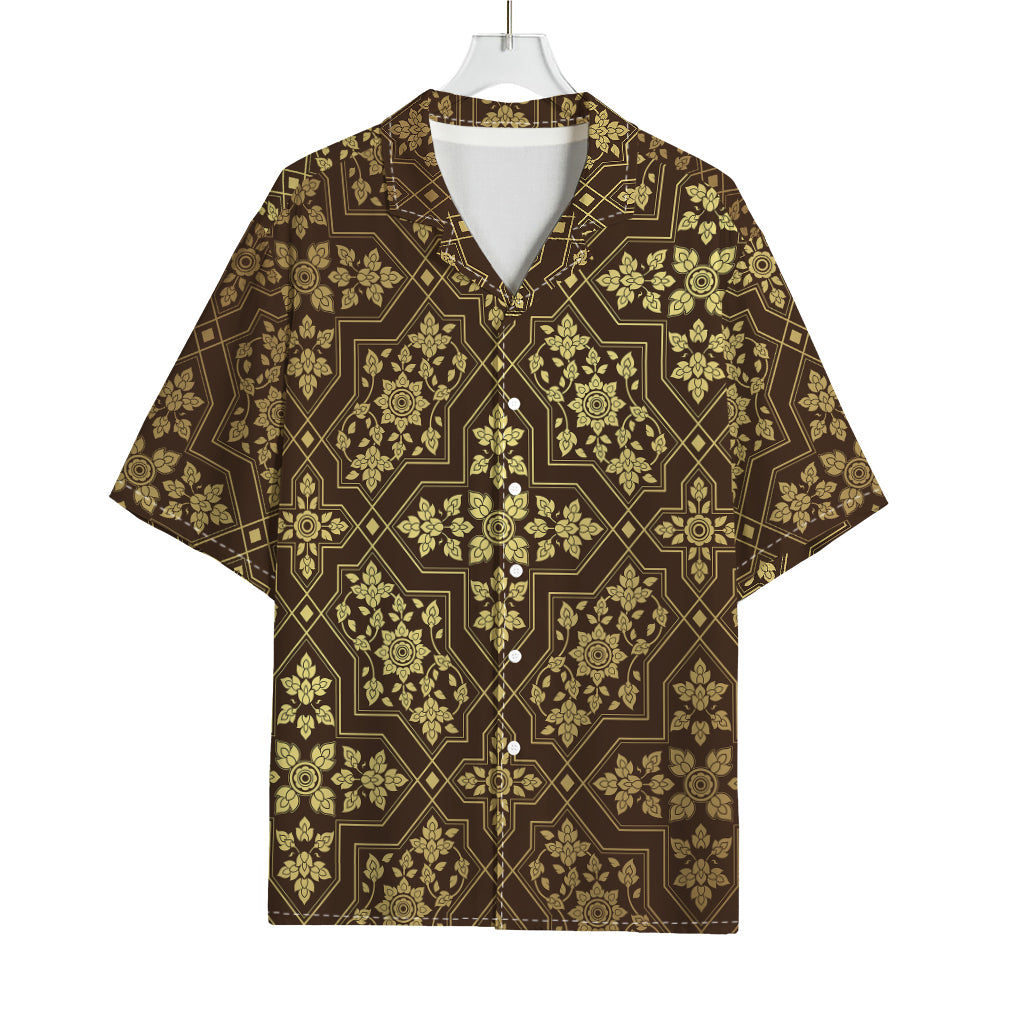Gold And Brown Thai Pattern Print Rayon Hawaiian Shirt