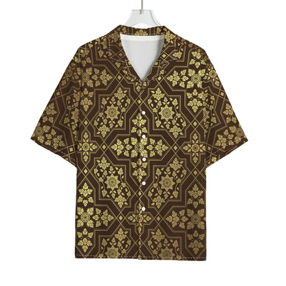 Gold And Brown Thai Pattern Print Rayon Hawaiian Shirt