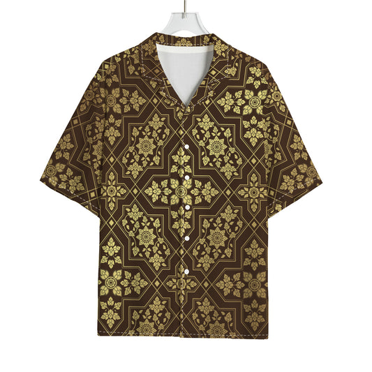 Gold And Brown Thai Pattern Print Rayon Hawaiian Shirt