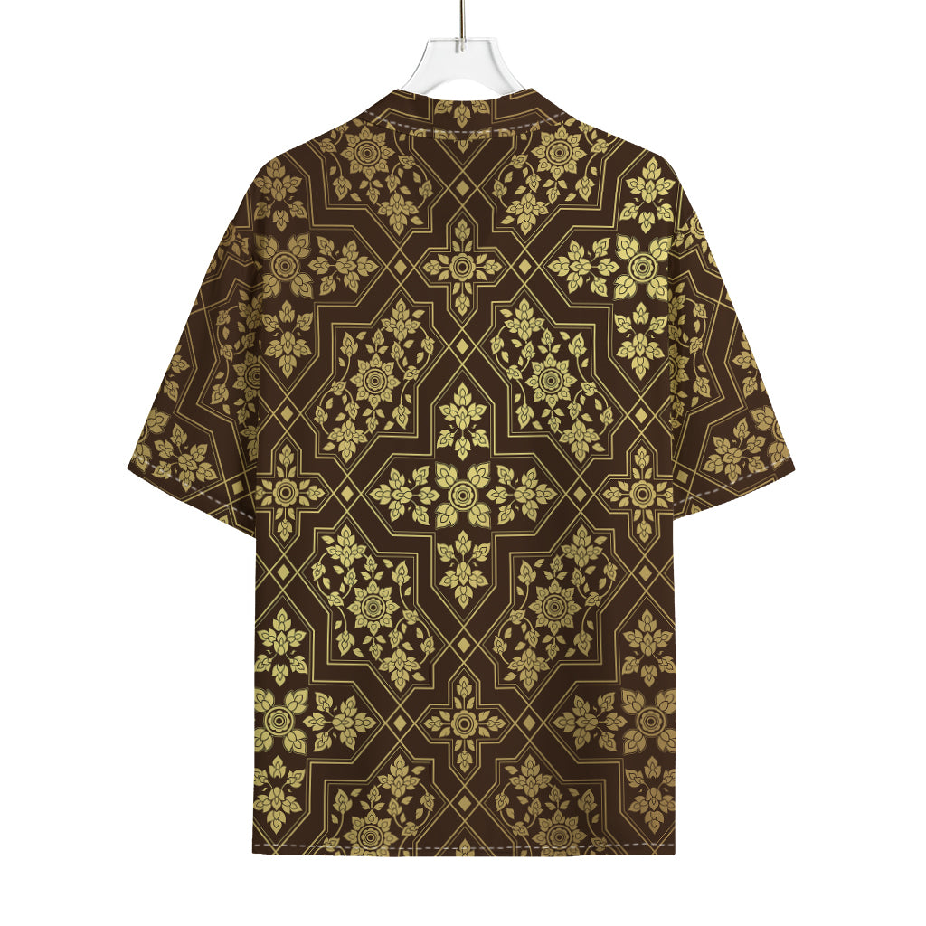 Gold And Brown Thai Pattern Print Rayon Hawaiian Shirt