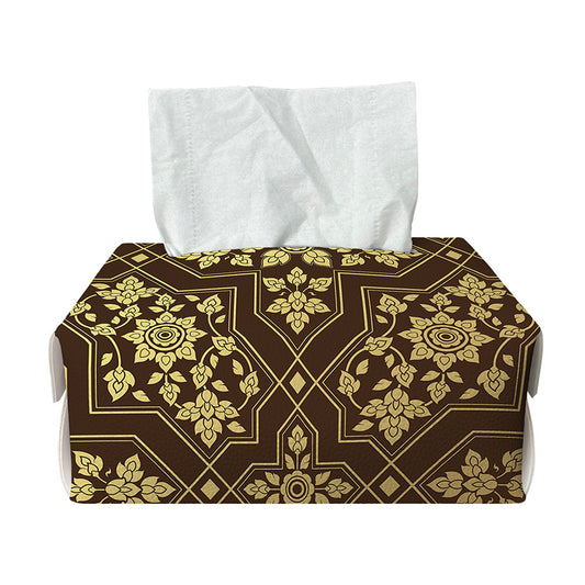 Gold And Brown Thai Pattern Print Rectangle Tissue Box Cover