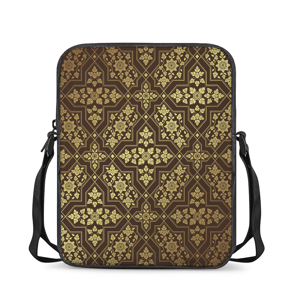 Gold And Brown Thai Pattern Print Rectangular Crossbody Bag