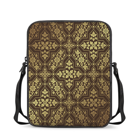 Gold And Brown Thai Pattern Print Rectangular Crossbody Bag