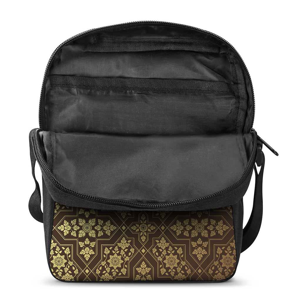 Gold And Brown Thai Pattern Print Rectangular Crossbody Bag