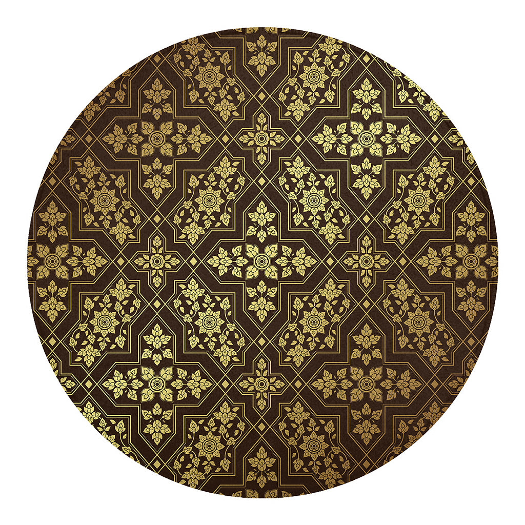 Gold And Brown Thai Pattern Print Round Blanket