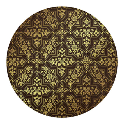 Gold And Brown Thai Pattern Print Round Blanket