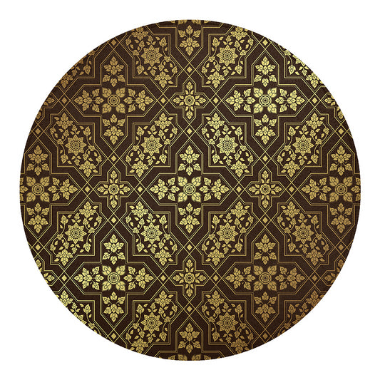 Gold And Brown Thai Pattern Print Round Blanket