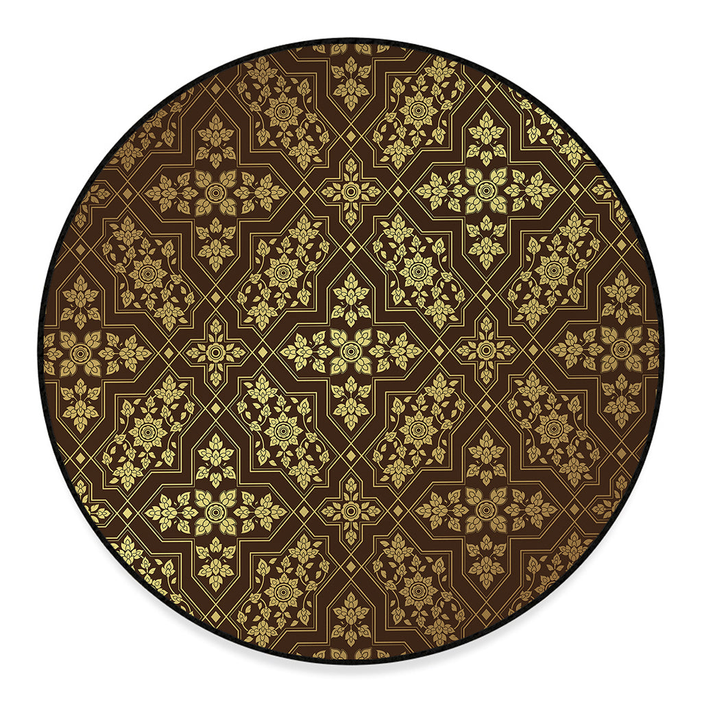 Gold And Brown Thai Pattern Print Round Floor Mat
