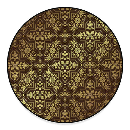 Gold And Brown Thai Pattern Print Round Floor Mat