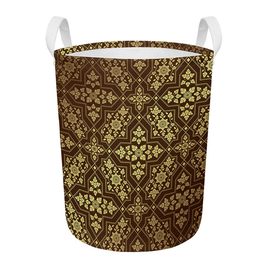 Gold And Brown Thai Pattern Print Round Laundry Basket