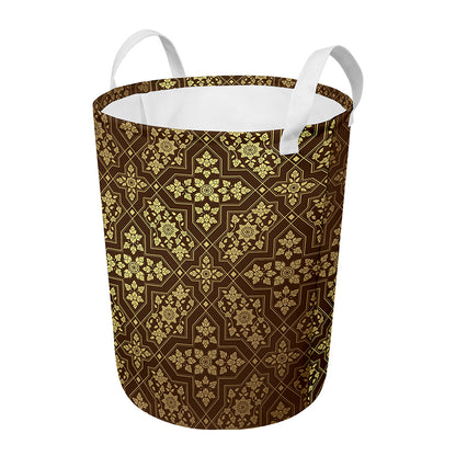 Gold And Brown Thai Pattern Print Round Laundry Basket