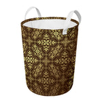 Gold And Brown Thai Pattern Print Round Laundry Basket