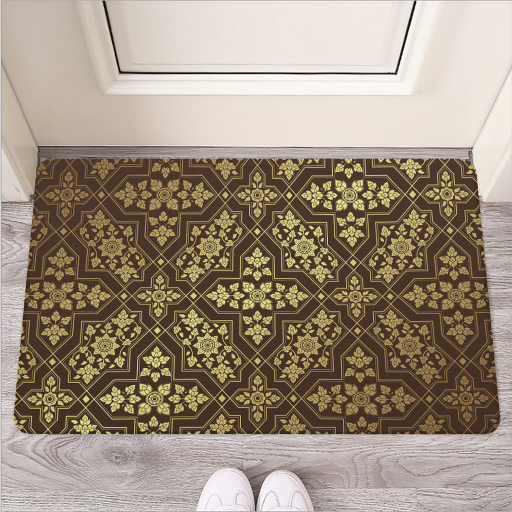 Gold And Brown Thai Pattern Print Rubber Doormat
