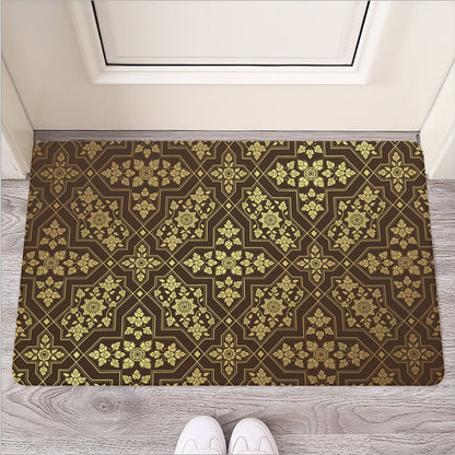 Gold And Brown Thai Pattern Print Rubber Doormat